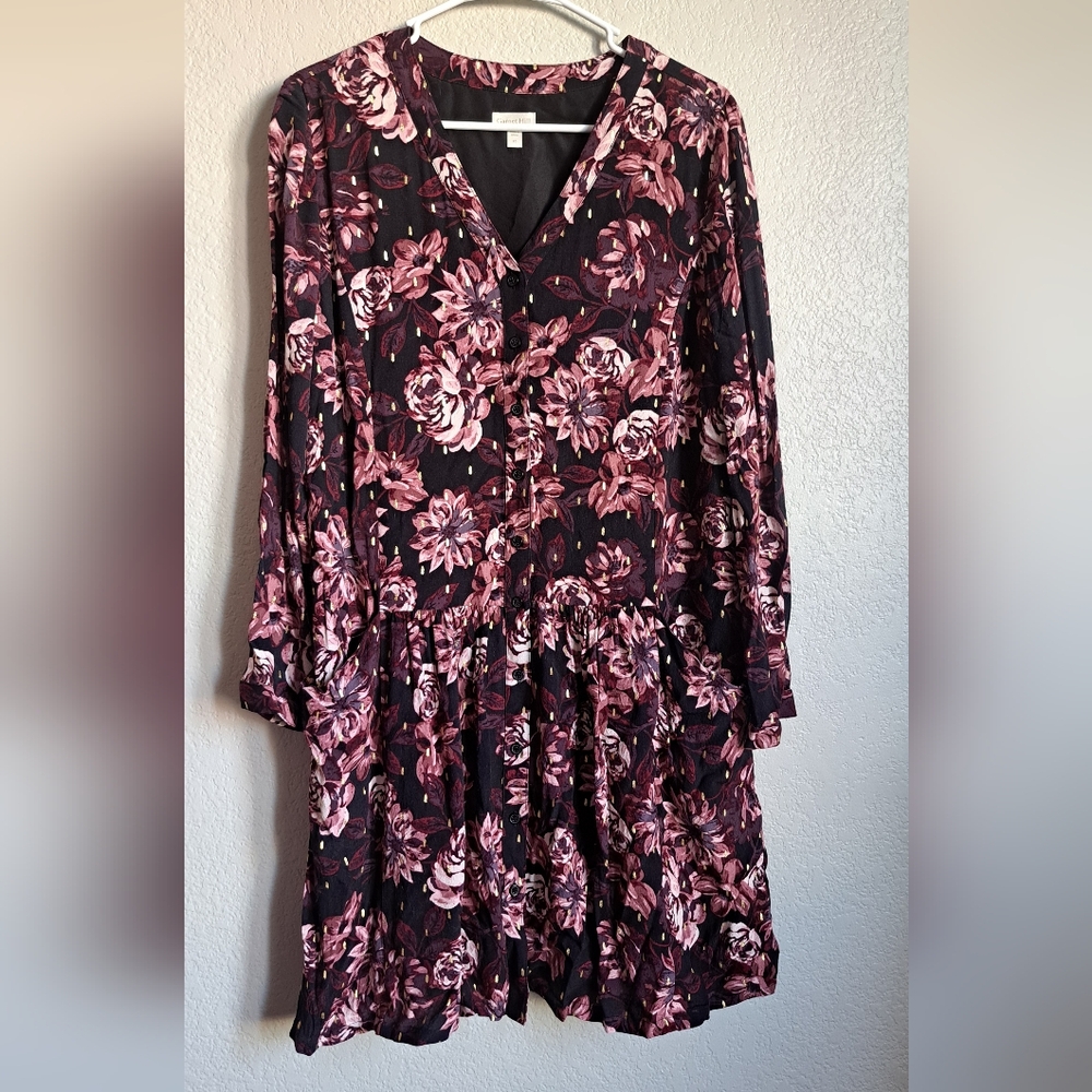 Garnet Hill Black Pink Rose Floral Pront Metallic Longsleeve Dress Size 10